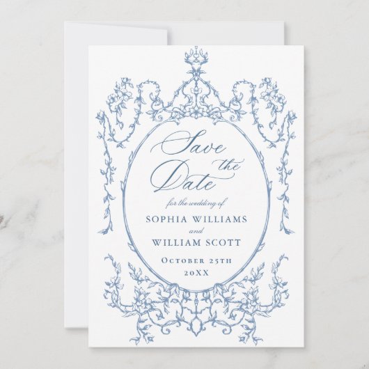 Victoriaans  Bloemen Dusty Blue Wedding QR-code Save The Date (Voorkant)