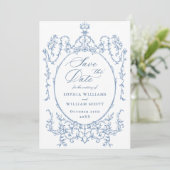 Victoriaans Bloemen Dusty Blue Wedding QR-code Save The Date (Staand voorkant)