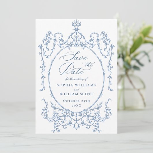 Victoriaans Bloemen Dusty Blue Wedding QR-code Save The Date (Staand voorkant)