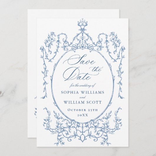Victoriaans Bloemen Dusty Blue Wedding QR-code Save The Date (Voorkant / Achterkant)