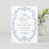 Victoriaans  Bloemen Dusty Blue Wedding QR-code Save The Date (Staand voorkant)