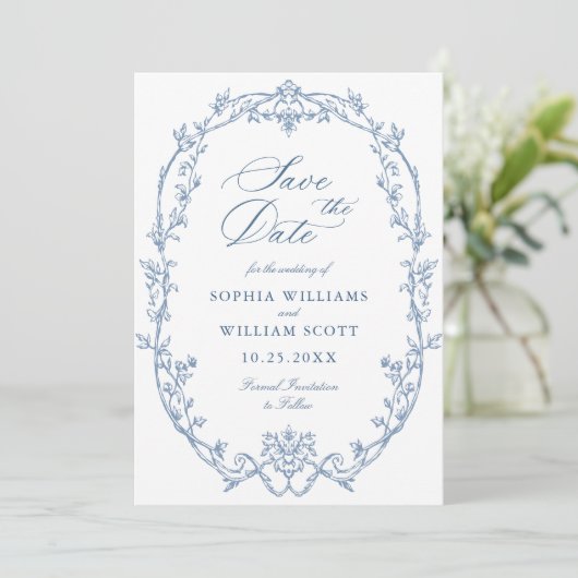 Victoriaans  Bloemen Dusty Blue Wedding QR-code Save The Date (Staand voorkant)