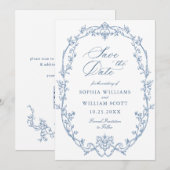 Victoriaans Bloemen Dusty Blue Wedding QR-code Save The Date (Voorkant / Achterkant)