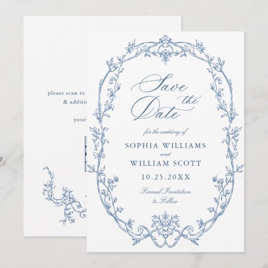 Victoriaans  Bloemen Dusty Blue Wedding QR-code Save The Date (Voorkant / Achterkant)