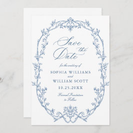 Victoriaans Bloemen Dusty Blue Wedding QR-code Save The Date