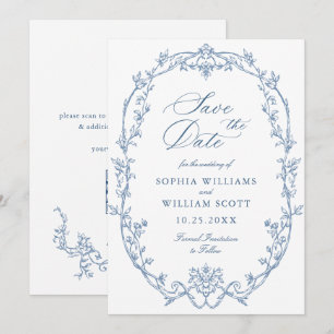 Victoriaans Bloemen Dusty Blue Wedding QR-code Save The Date