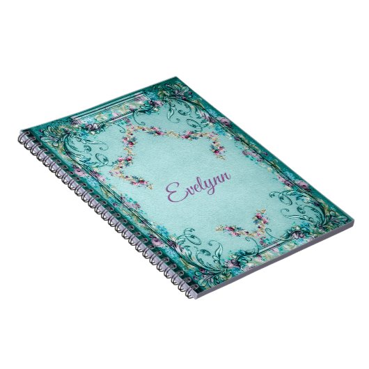 Victoriaans bloemen en scroll elegant blauwgroen p notitieboek (Rechterzijde)