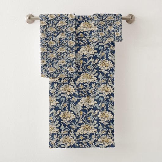 Victoriaans Bloemen Handdoek Set – Indigo Chrysant (Insitu)