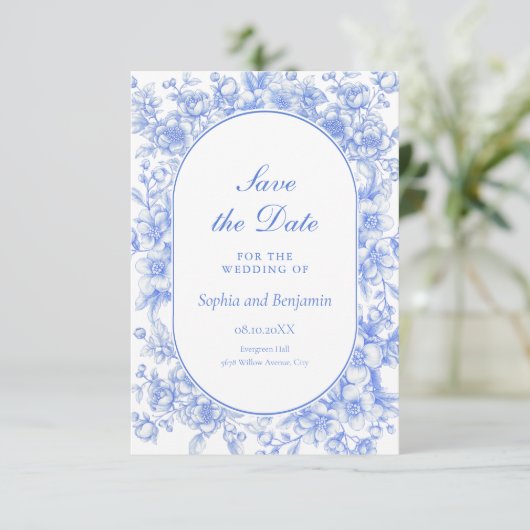 Victoriaans Bloemen Iets Blauw Bewaar de Datum (Staand voorkant)