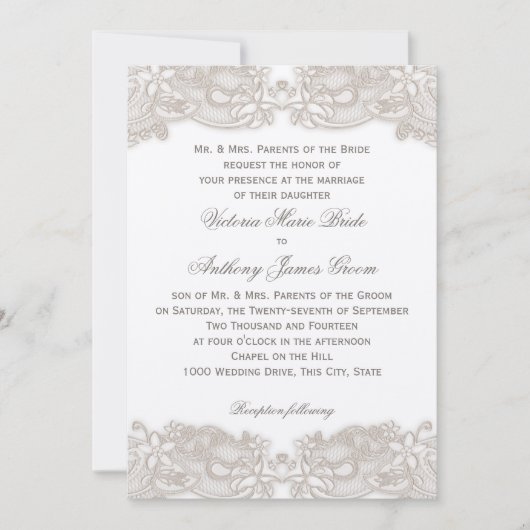 Victoriaans Bloemen Kant op White Design Wedding Kaart (Voorkant)