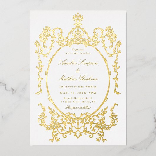 Victoriaans Bloemen Lijst Trouwgoud Folie Uitnodiging (Voorkant)