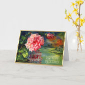 Victoriaans Bloemen Roze Rose Lake Scene Verjaarda Kaart (Gele Bloem)