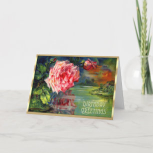 Victoriaans Bloemen Roze Rose Lake Scene Verjaarda Kaart