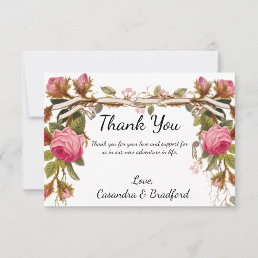 Victoriaans Bloemen Rozen Bruiloftsdank Bedankkaart (Voorkant)