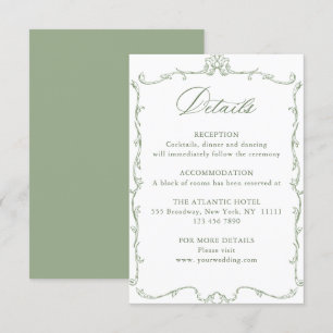 Victoriaans Bloemen Sage Green Wedding Details Informatiekaartje