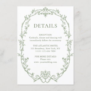 Victoriaans  Bloemen Sage Green Wedding Details Informatiekaartje