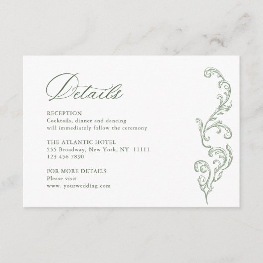 Victoriaans  Bloemen Sage Green Wedding Details Informatiekaartje (Voorkant)