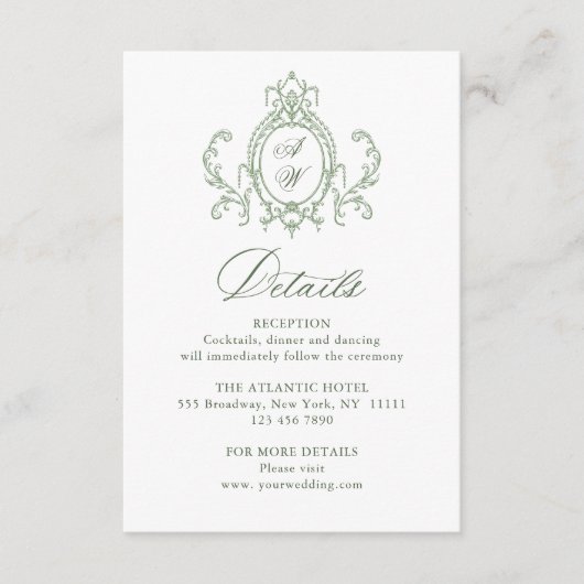 Victoriaans  Bloemen Sage Green Wedding Details Informatiekaartje (Voorkant)