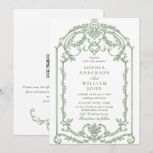 Victoriaans  Bloemen Sage Green Wedding QR-code Kaart