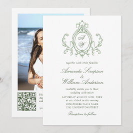 Victoriaans  Bloemen Sage Green Wedding QR-code Kaart