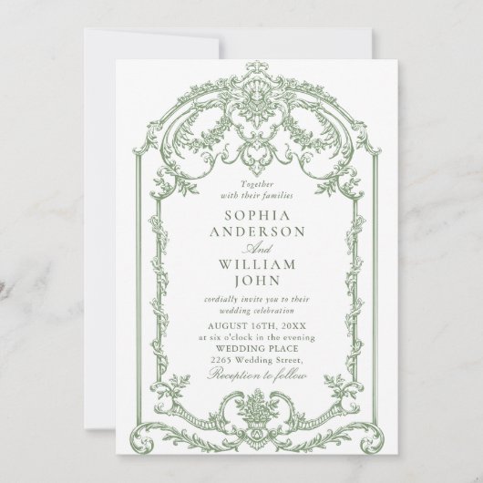 Victoriaans Bloemen Sage Green Wedding QR-code Kaart (Voorkant)