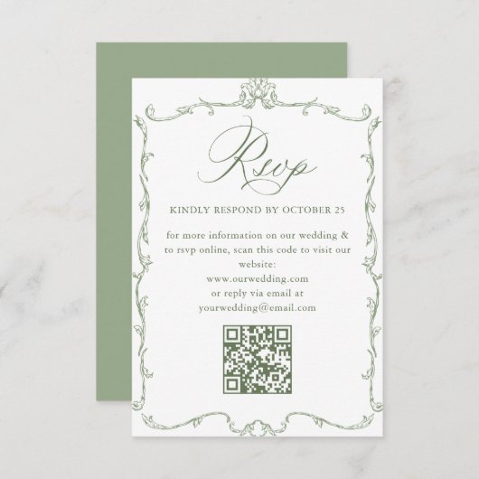 Victoriaans  Bloemen Sage Green Wedding QR-code RSVP Kaartje (Voorkant / Achterkant)