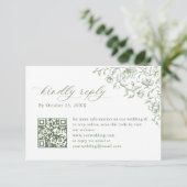 Victoriaans  Bloemen Sage Green Wedding QR-code RSVP Kaartje (Staand voorkant)