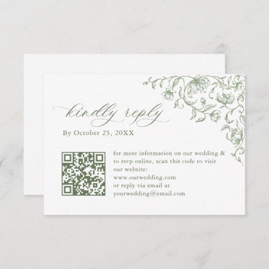 Victoriaans  Bloemen Sage Green Wedding QR-code RSVP Kaartje (Voorkant / Achterkant)