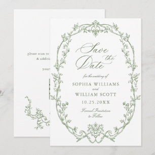 Victoriaans  Bloemen Sage Green Wedding QR-code Save The Date
