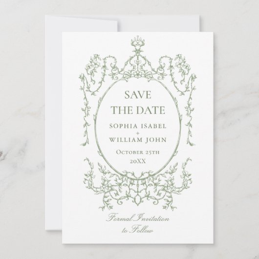 Victoriaans Bloemen Sage Green Wedding QR-code Save The Date (Voorkant)