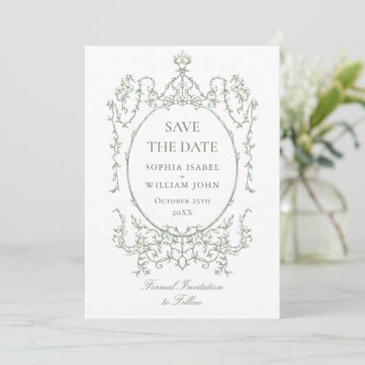 Victoriaans Bloemen Sage Green Wedding QR-code Save The Date (Staand voorkant)
