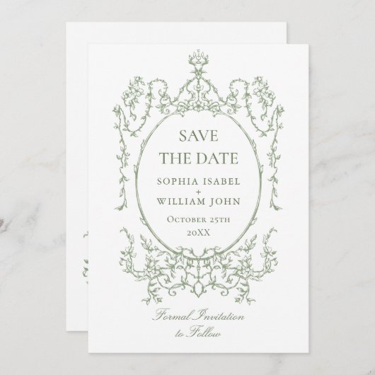 Victoriaans Bloemen Sage Green Wedding QR-code Save The Date (Voorkant / Achterkant)