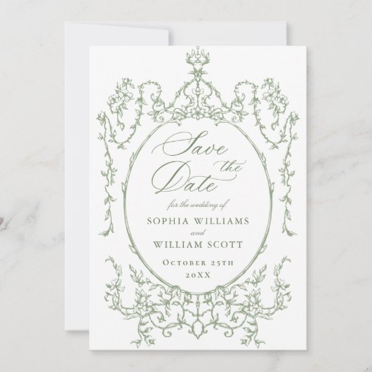 Victoriaans  Bloemen Sage Green Wedding QR-code Save The Date (Voorkant)