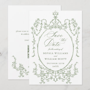 Victoriaans Bloemen Sage Green Wedding QR-code Save The Date