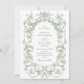 Victoriaans Bloemen Sage Groen QR code Trouwen Kaart (Voorkant)