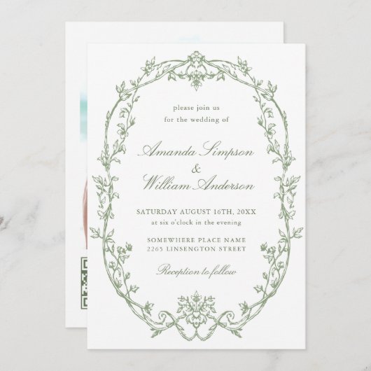 Victoriaans  Bloemen Sage Groen QR code Trouwen Kaart (Voorkant / Achterkant)