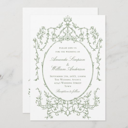 Victoriaans Bloemen Sage Groen QR code Trouwen Kaart (Voorkant / Achterkant)