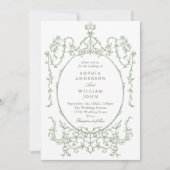 Victoriaans Bloemen Sage Groen QR code Trouwen Kaart (Voorkant)