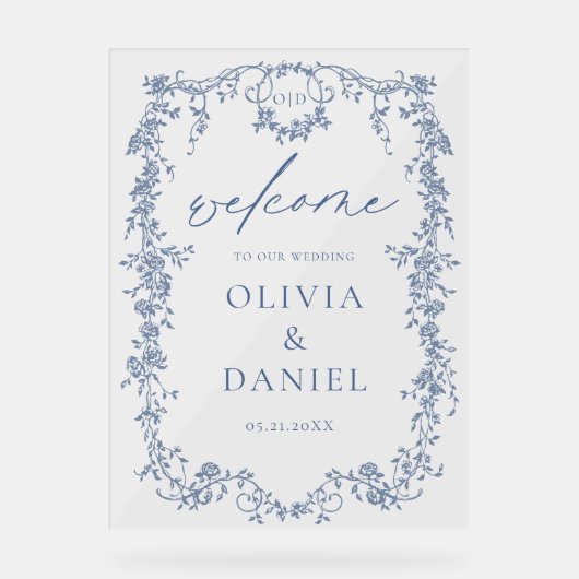 Victoriaans Bloemen Stoffig Blauw Franse bruiloft  Acryl Bord (Voorkant)