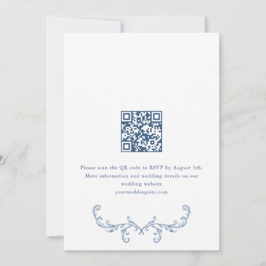 Victoriaans Bloemen Stoffig Blauw QR code Trouwen Kaart (Achterkant)