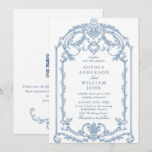 Victoriaans Bloemen Stoffig Blauw QR code Trouwen Kaart