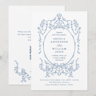 Victoriaans Bloemen Stoffig Blauw QR code Trouwen Kaart