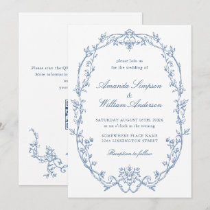 Victoriaans Bloemen Stoffig Blauw QR code Trouwen Kaart
