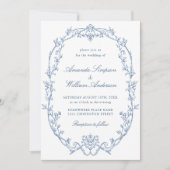 Victoriaans  Bloemen Stoffig Blauw QR code Trouwen Kaart (Voorkant)