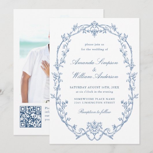 Victoriaans  Bloemen Stoffig Blauw QR code Trouwen Kaart (Voorkant / Achterkant)