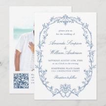 Victoriaans  Bloemen Stoffig Blauw QR code Trouwen