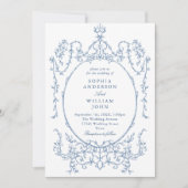 Victoriaans Bloemen Stoffig Blauw QR code Trouwen Kaart (Voorkant)