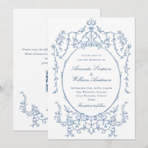 Victoriaans  Bloemen Stoffig Blauw QR code Trouwen Kaart