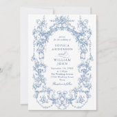 Victoriaans Bloemen Stoffig Blauw QR code Trouwen Kaart (Voorkant)