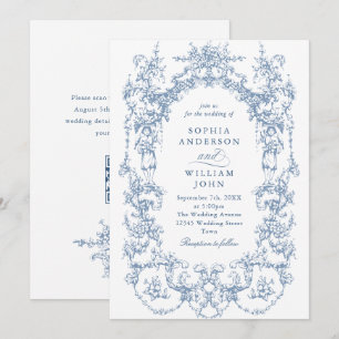 Victoriaans Bloemen Stoffig Blauw QR code Trouwen Kaart